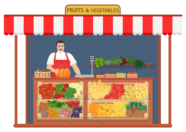 Vendedor de verduras macho en la tienda  Ilustración