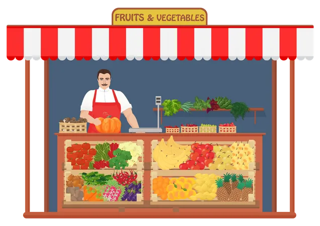 Vendedor de verduras macho en la tienda  Ilustración
