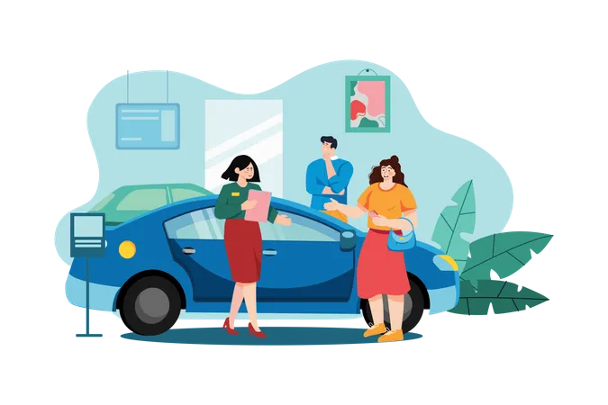 Vendedor mostrando el vehículo a un cliente potencial en el concesionario  Ilustración