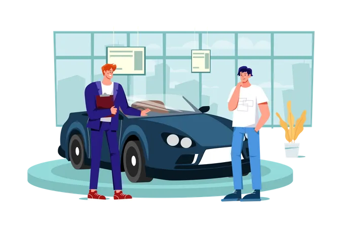 Vendedor mostrando el vehículo a un cliente potencial en el concesionario  Ilustración