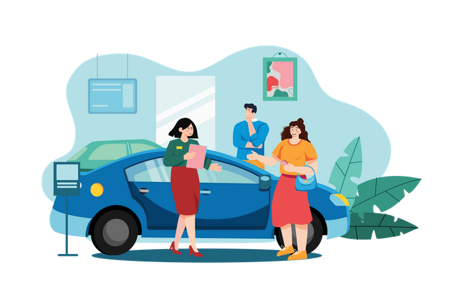 Vendedor mostrando o veículo para um cliente potencial na concessionária  Ilustração