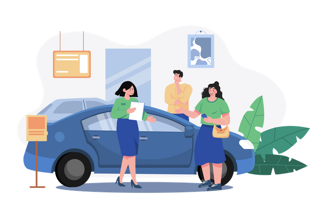 Vendedor mostrando o veículo para um cliente potencial na concessionária  Ilustração
