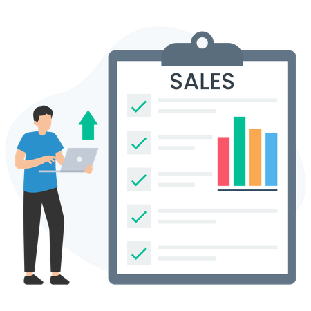 Vendedor aumentando ventas con computadora portátil y lista de verificación  Ilustración