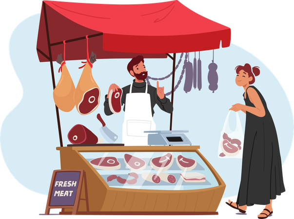Vendedor vende carne en puesto de carnicería  Ilustración