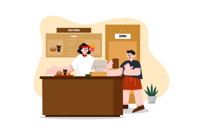 Vendedor y comprador de comida rápida en el mostrador del restaurante  Ilustración