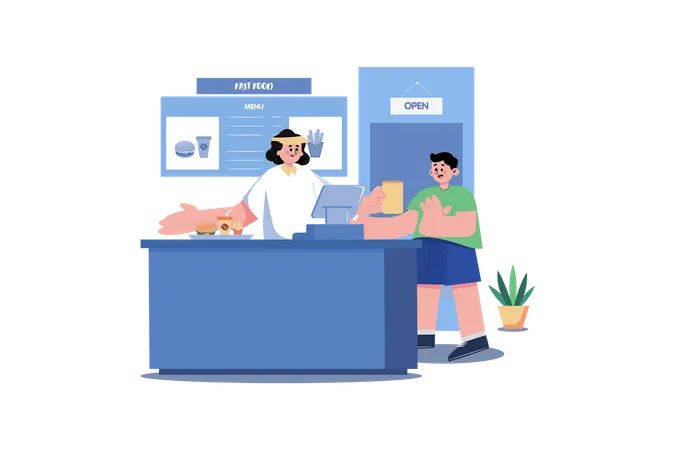 Vendedor y comprador de comida rápida en el mostrador del restaurante  Ilustración