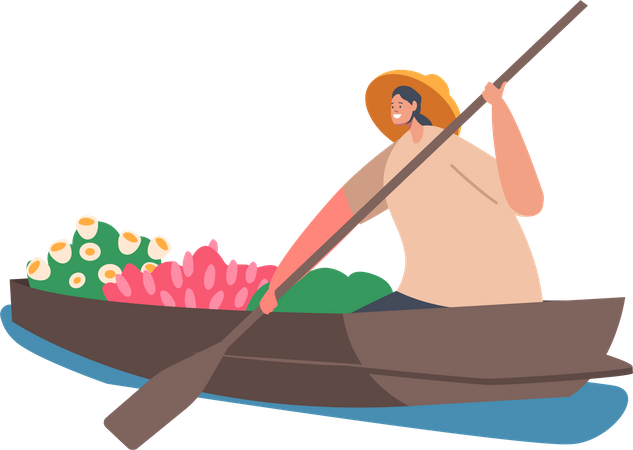 Vendedora asiática usa sombrero de paja vende frutas y flores en un barco de madera  Ilustración