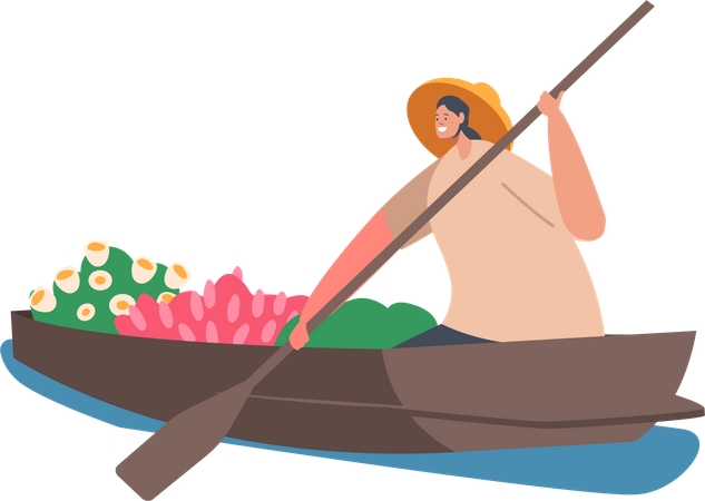 Vendedora asiática usa sombrero de paja vende frutas y flores en un barco de madera  Ilustración