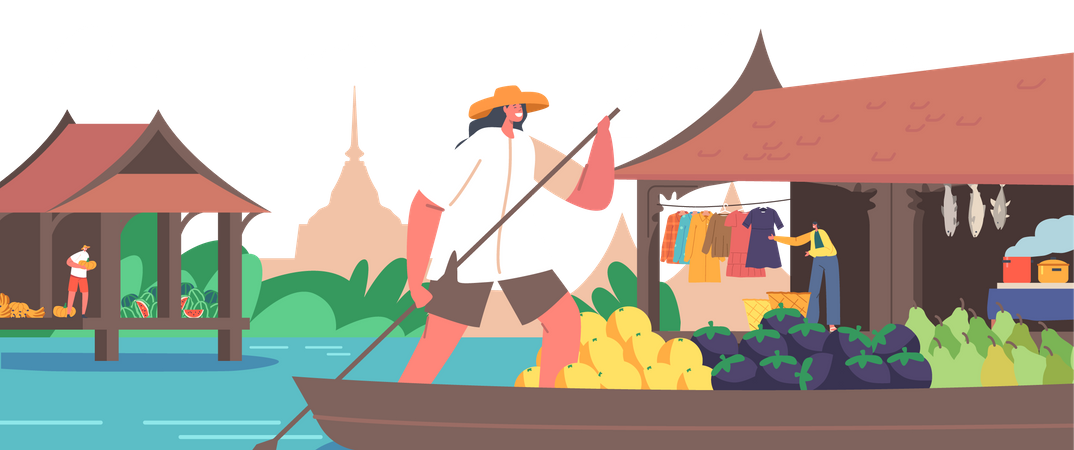 Vendedora usa sombrero de paja en un barco con paleta para vender y comprar mercancías flotando junto al río  Ilustración