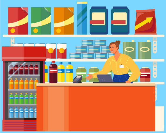 Vendedora con terminal pos en supermercado  Ilustración