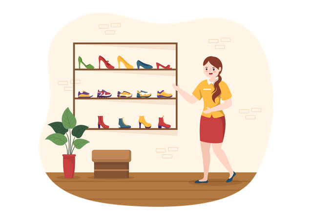 Vendedora feminina em loja de sapatos  Ilustração