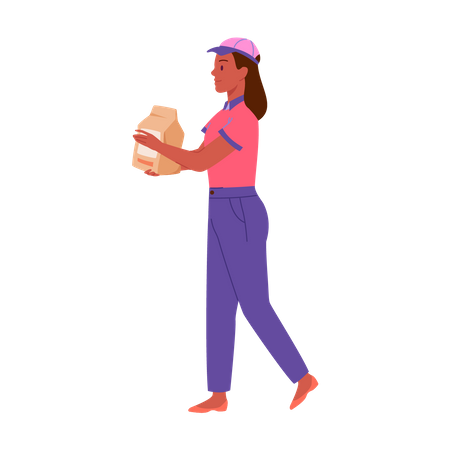 Chica vendedora sosteniendo bolsa de comida  Ilustración