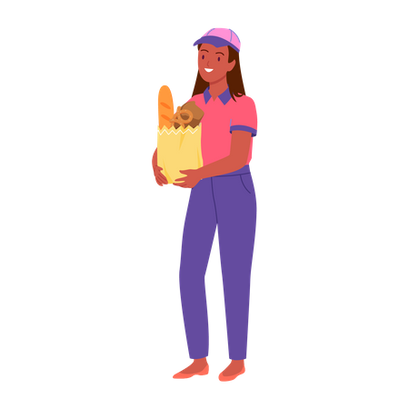 Vendedor, niña, tenencia, bolsa de supermercado  Ilustración