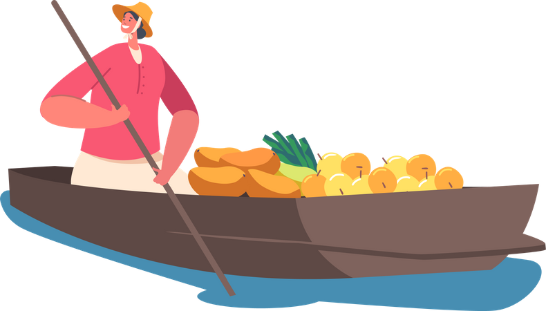 Vendedora vende mercadorias flutuando no barco  Ilustração