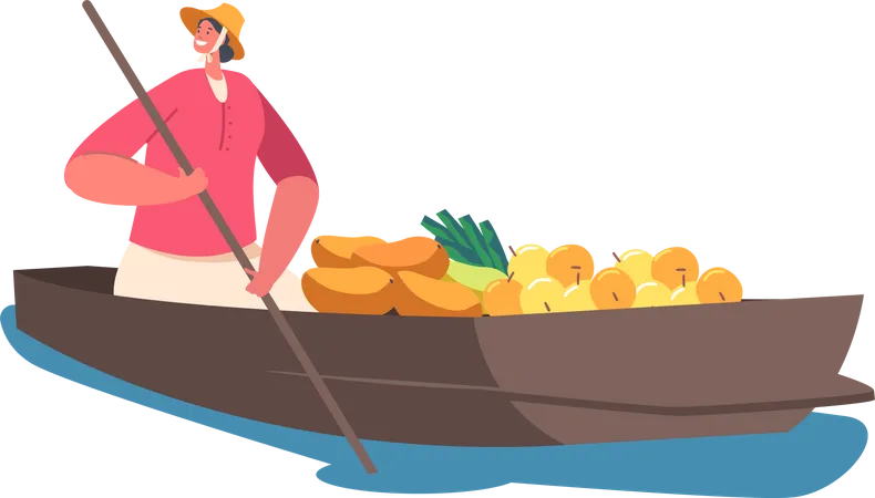 Vendedora vende mercadorias flutuando no barco  Ilustração