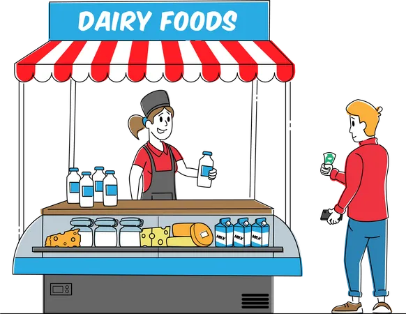 Vendedora vende surtido de alimentos lácteos en quiosco  Ilustración