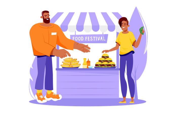 Vender comida rápida en el puesto del festival gastronómico  Ilustración