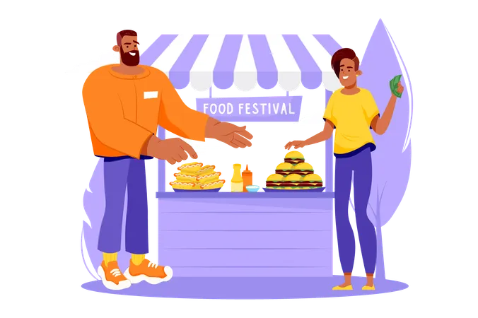 Vender comida rápida en el puesto del festival gastronómico  Ilustración