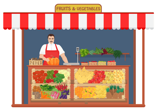 Vendeur de légumes masculin au magasin  Illustration