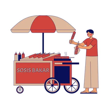 Vendeur ambulant de saucisses grillées  Illustration