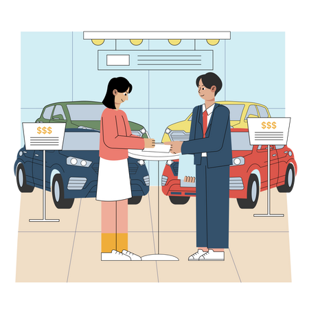 Vendeur de voiture discutant avec le client  Illustration
