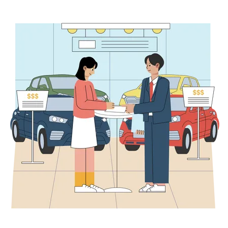 Vendeur de voiture discutant avec le client  Illustration