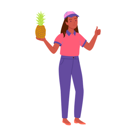 Fille du vendeur tenant l'ananas et montrant les pouces vers le haut  Illustration