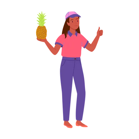 Fille du vendeur tenant l'ananas et montrant les pouces vers le haut  Illustration