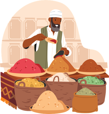 Un vendeur musulman vend des épices exotiques dans des sacs sur un stand de marché oriental  Illustration