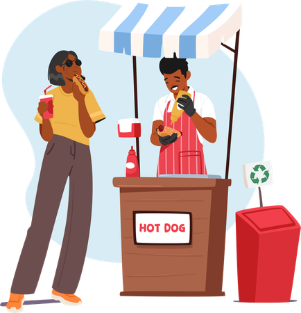 Le vendeur vend des hot-dogs grillés  Illustration