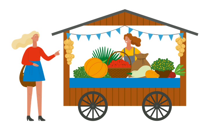 Vendeurs vendant des fruits et légumes au client  Illustration