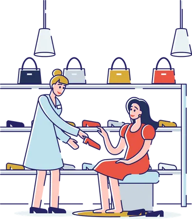 L'assistant de magasin aide à choisir et à essayer des chaussures pour une femme dans un magasin de chaussures  Illustration