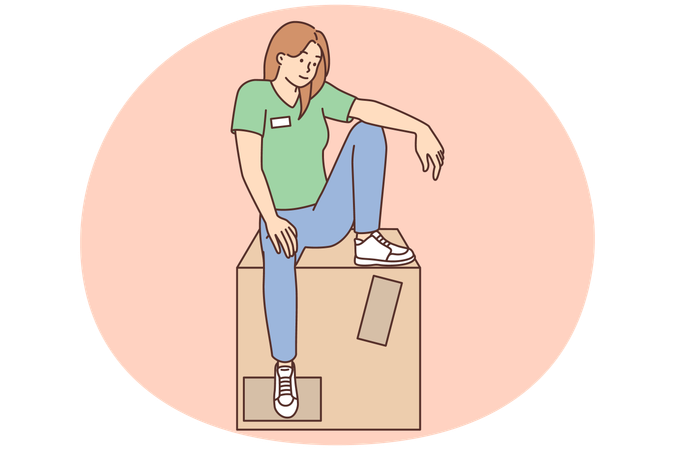 Une vendeuse est assise sur une grande boîte contenant de nouveaux produits mis en vente  Illustration