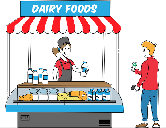 Vendeuse vendant un assortiment de produits laitiers dans un kiosque  Illustration