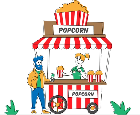 Vendeuse vend du pop corn dans un stand dans la rue au client d'un jeune homme  Illustration
