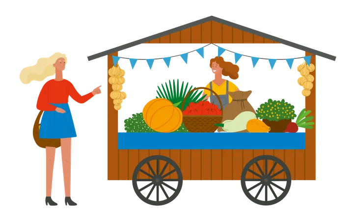 Vendors selling fruits and vegetables to the customer  Illustration