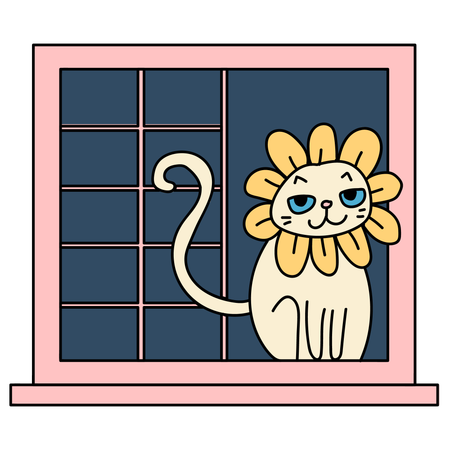 Ventana con gato  Ilustración