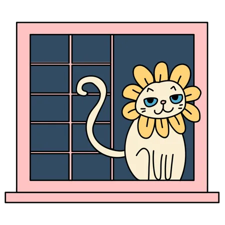 Ventana con gato  Ilustración