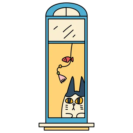 Ventana con gato  Ilustración