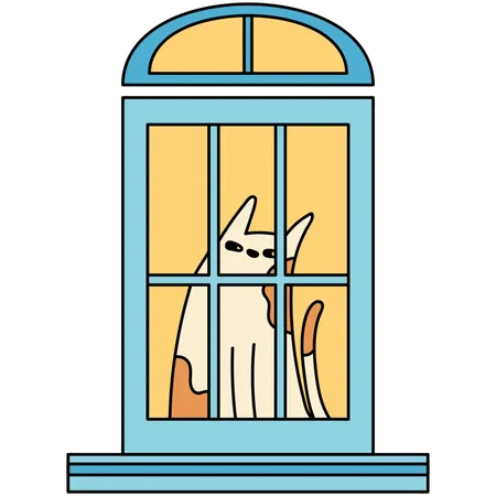 Ventana con gato  Ilustración