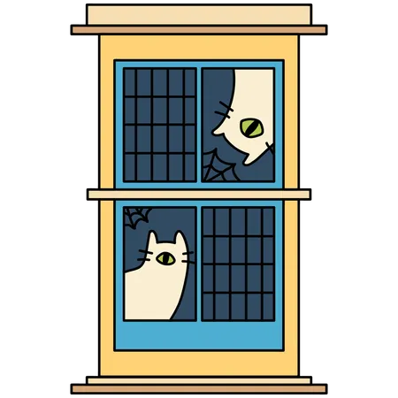 Ventana con gatos misteriosos  Ilustración