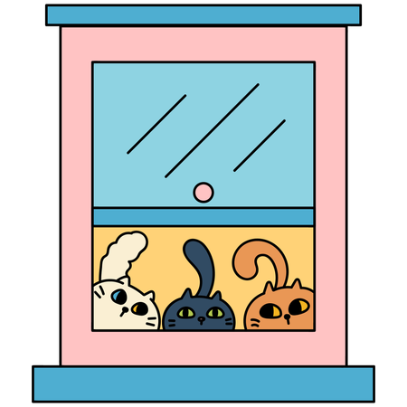 Ventana con tres gatitos  Ilustración