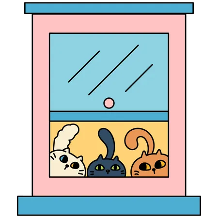 Ventana con tres gatitos  Ilustración