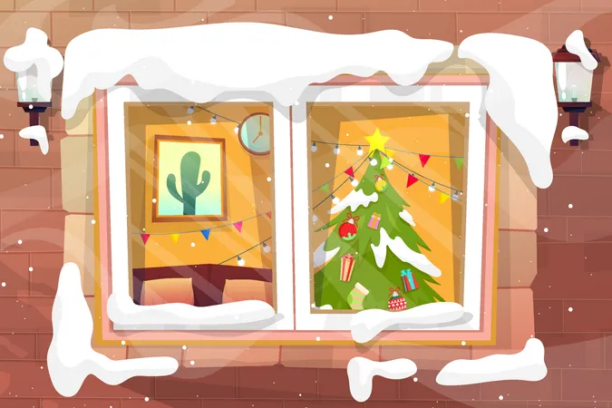 La nieve cubre la ventana de cristal de la casa en la temporada de invierno, el árbol de Navidad estaba bellamente decorado dentro de la casa. ilustración vectorial  Ilustración