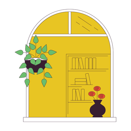 Ventana ovalada con plantas decorativas.  Ilustración