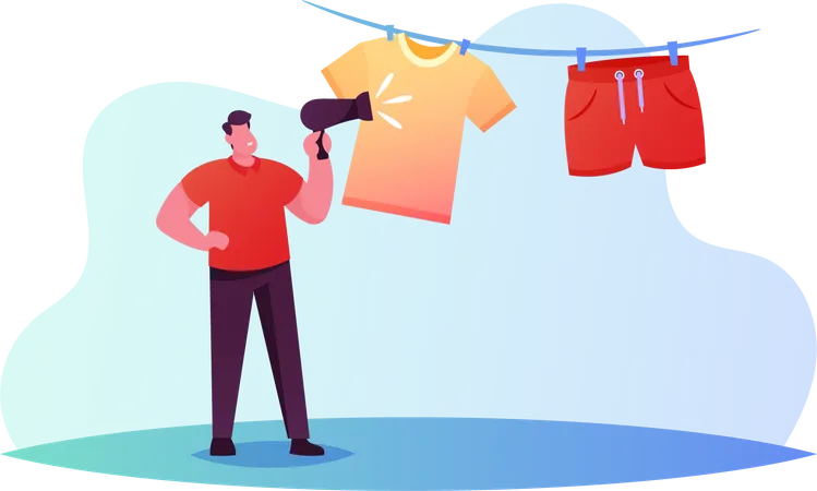 Ventilador de uso masculino para secar roupas penduradas na corda  Ilustração