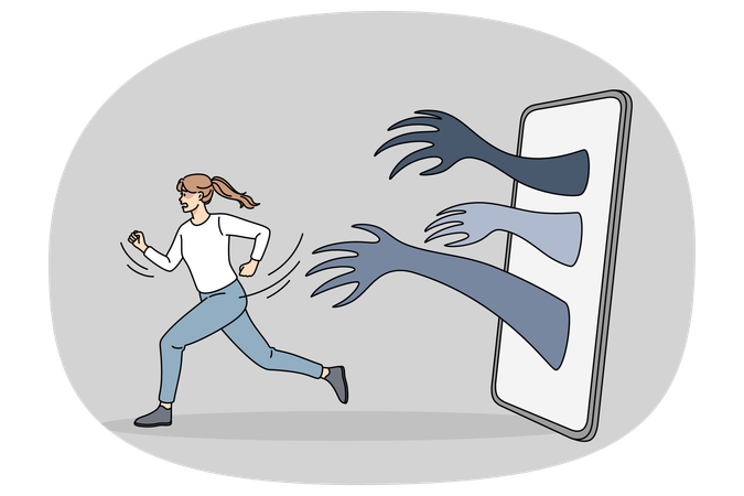 Verängstigte Frau rennt vor Händen weg, die vom Handy kommen  Illustration