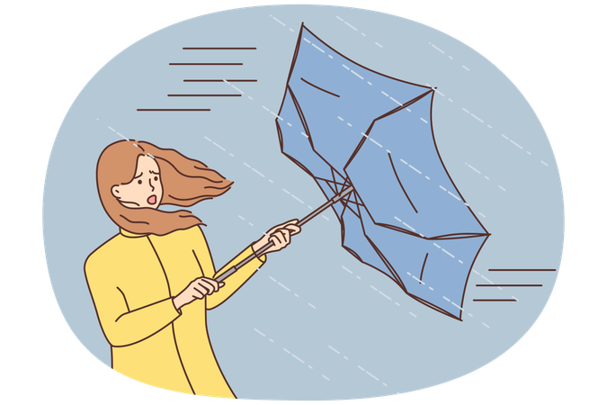 Angst vor jungen Frau mit Regenschirm im Regen im Freien  Illustration
