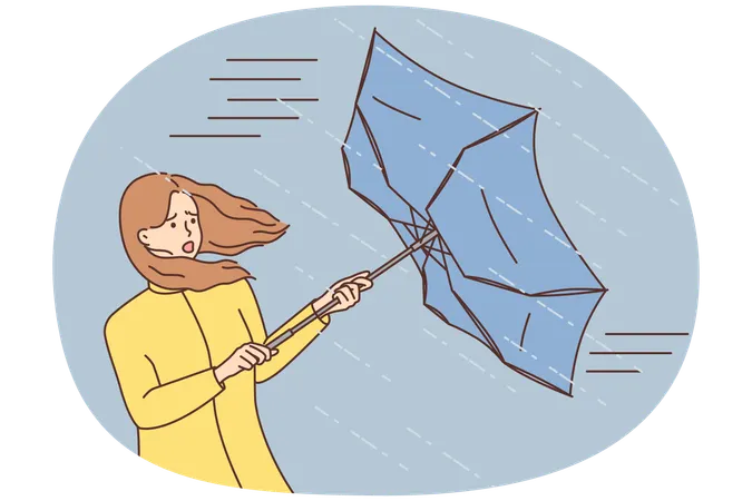 Angst vor jungen Frau mit Regenschirm im Regen im Freien  Illustration