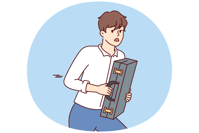 Verängstigter Mann mit Koffer in der Hand rennt zurück, um Räubern zu entkommen  Illustration